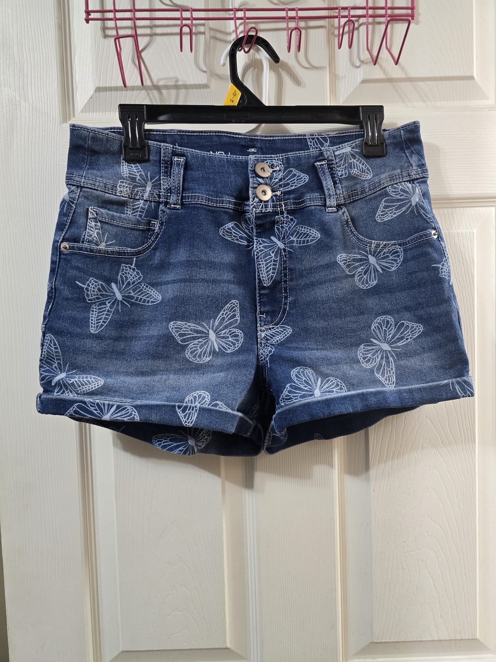 Juniors Blue Butterfly Print Denim Shorts